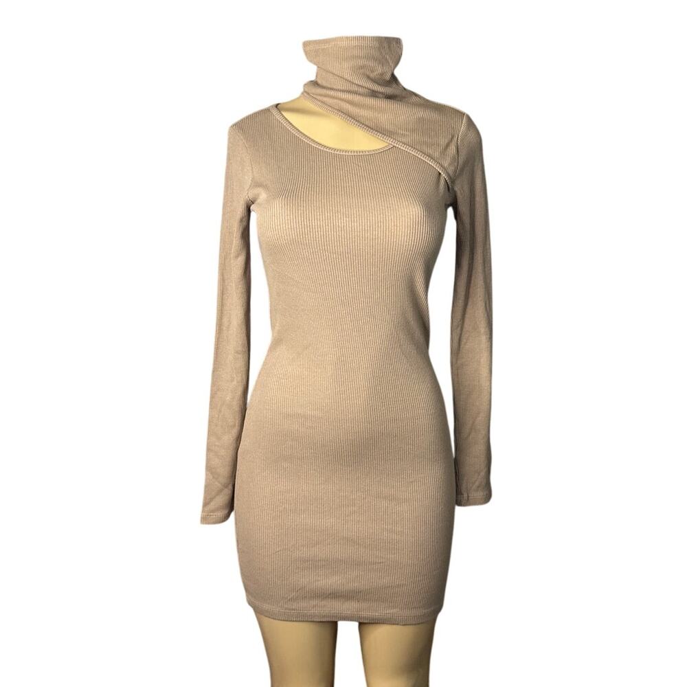 Monrow Turtleneck Dress Ribbed Knit Shoulder Cut Out Latte Brown SZ Large NWT